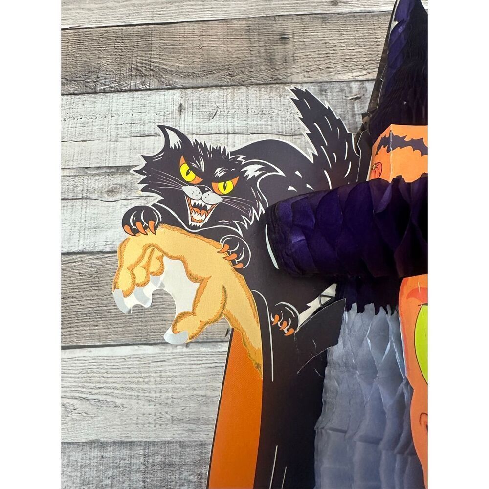 Vintage Danish Amscan Halloween Witch Black Cat Bat Honeycomb Hanging Decoration - Picture 2 of 5